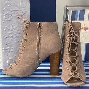 Light brown/beige suede like lace up open toe chunky high heel ankle booties